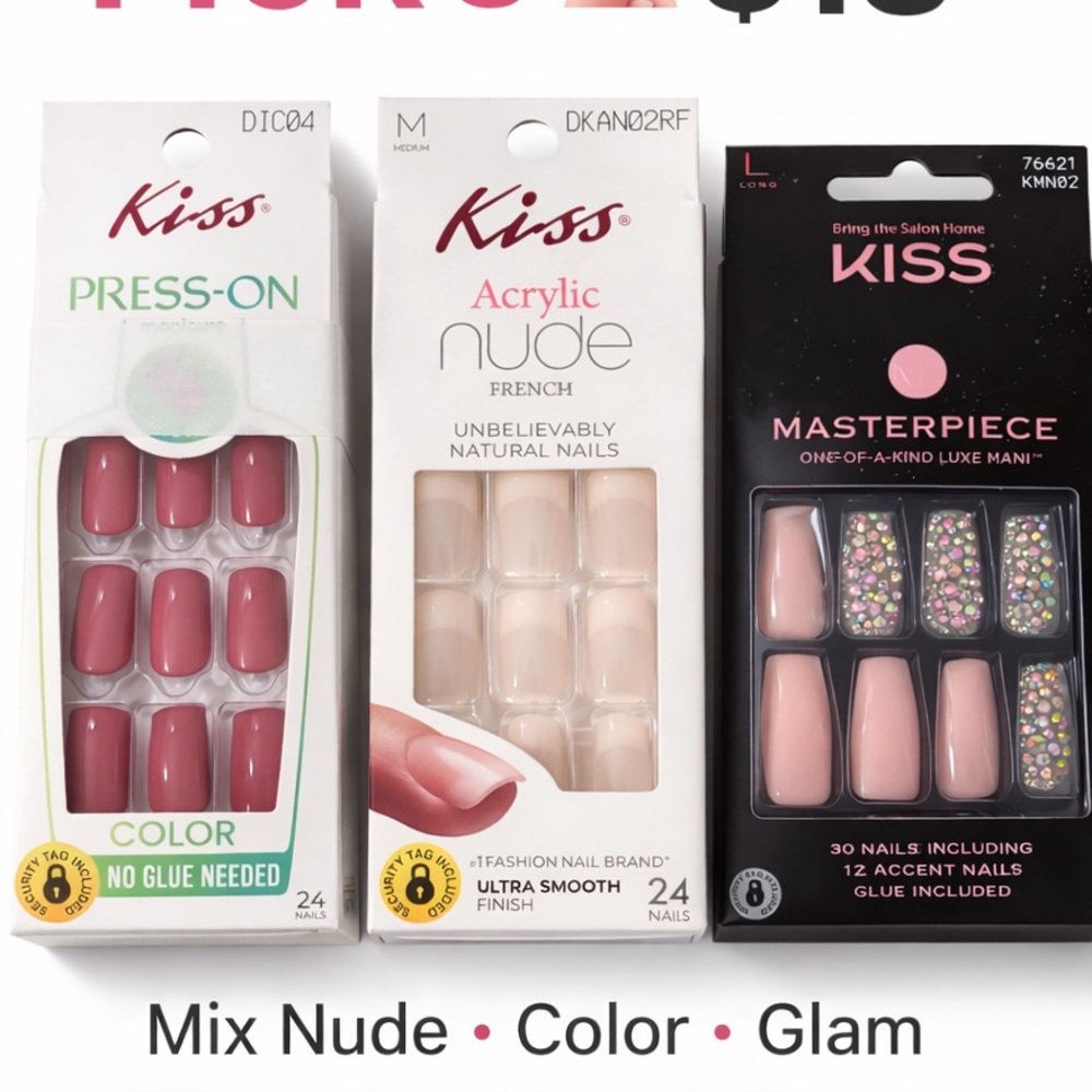Kiss Press-On & Acrylic Nude Nails Trio - Pink, Blush & Nude Accent
